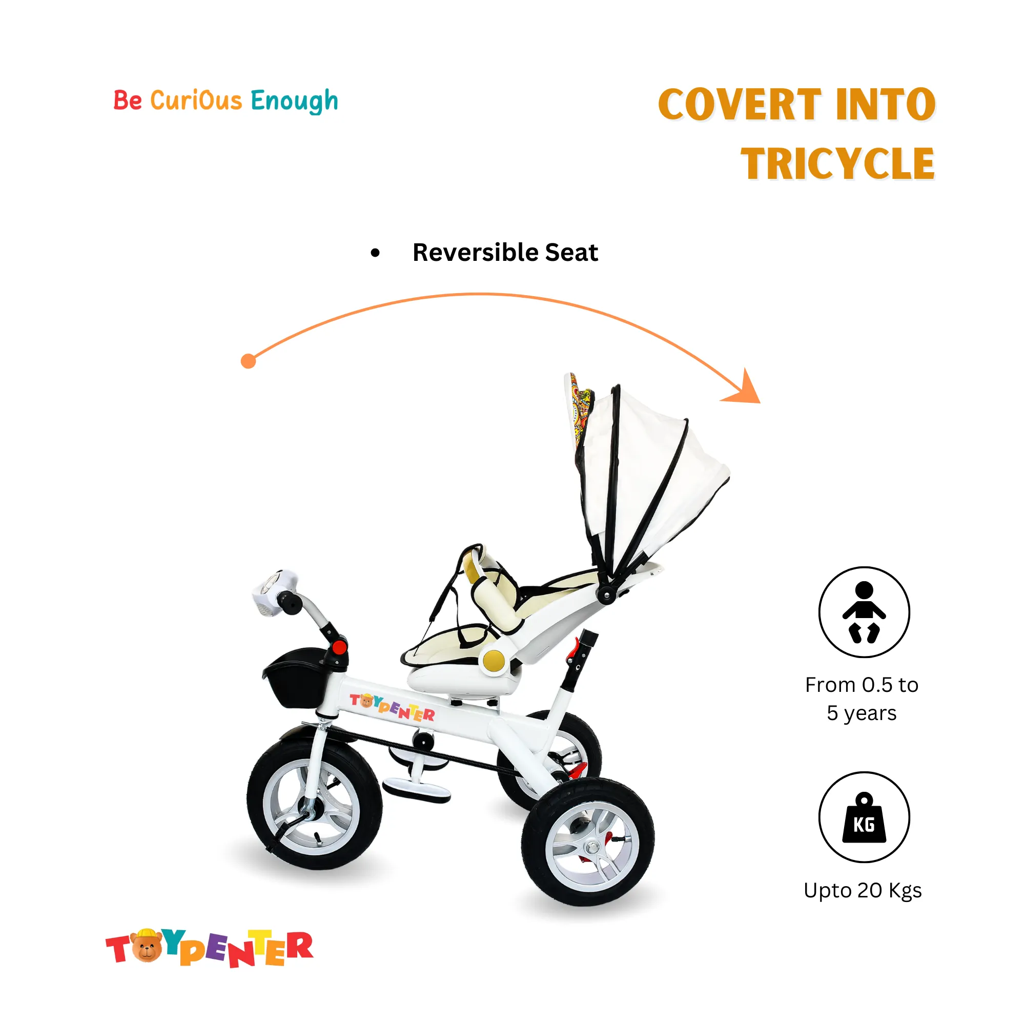 TOYPENTER 3 in 1 Baby Stroller/Kids Tricycle with Removable Canopy, Parental Adjust Push Handle for Kids | Boys | Girls Age 0 Months - 5 Years