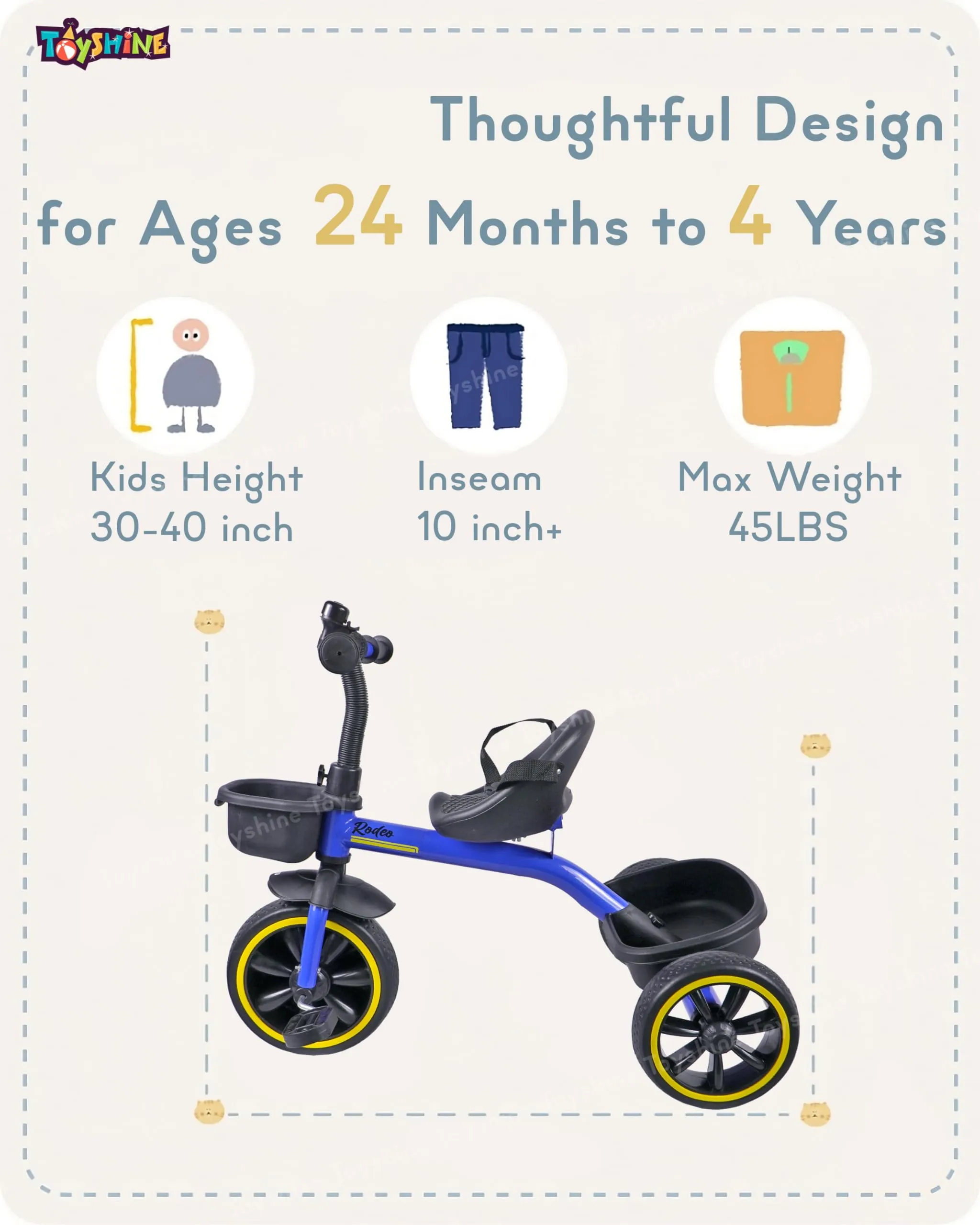 Toyshine Tricycle Ride-on Bicycle with EVA Wheels Metal Body Storage Basket and Seat Belt for 3-6 Years Carrying Capacity Upto 30 Kgs - Blue
