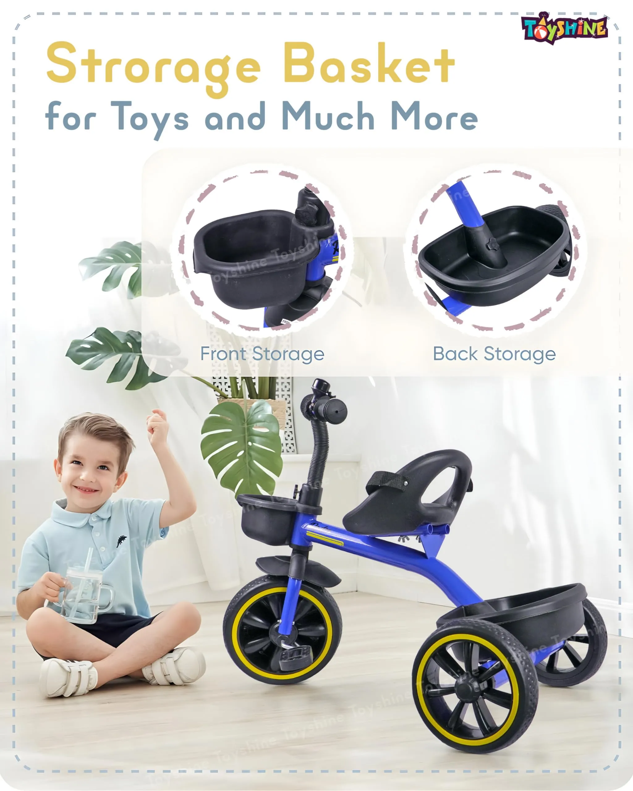 Toyshine Tricycle Ride-on Bicycle with EVA Wheels Metal Body Storage Basket and Seat Belt for 3-6 Years Carrying Capacity Upto 30 Kgs - Blue