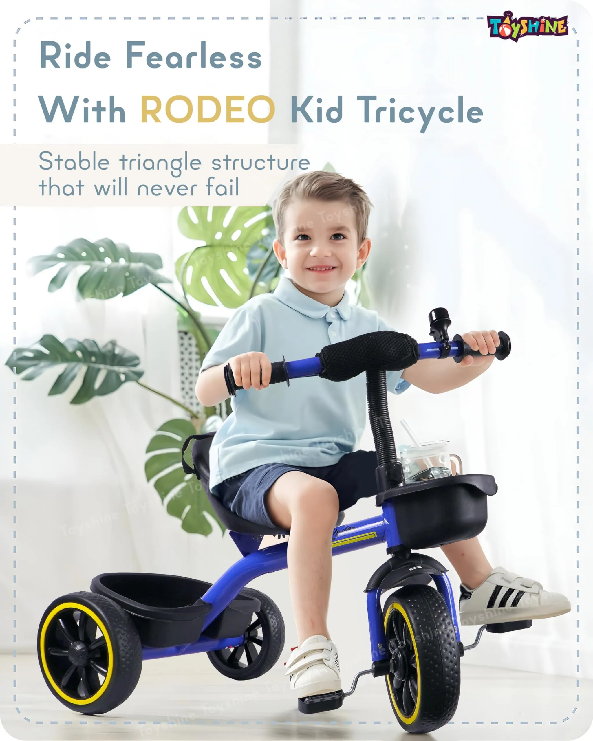 Toyshine Tricycle Ride-on Bicycle with EVA Wheels Metal Body Storage Basket and Seat Belt for 3-6 Years Carrying Capacity Upto 30 Kgs - Blue