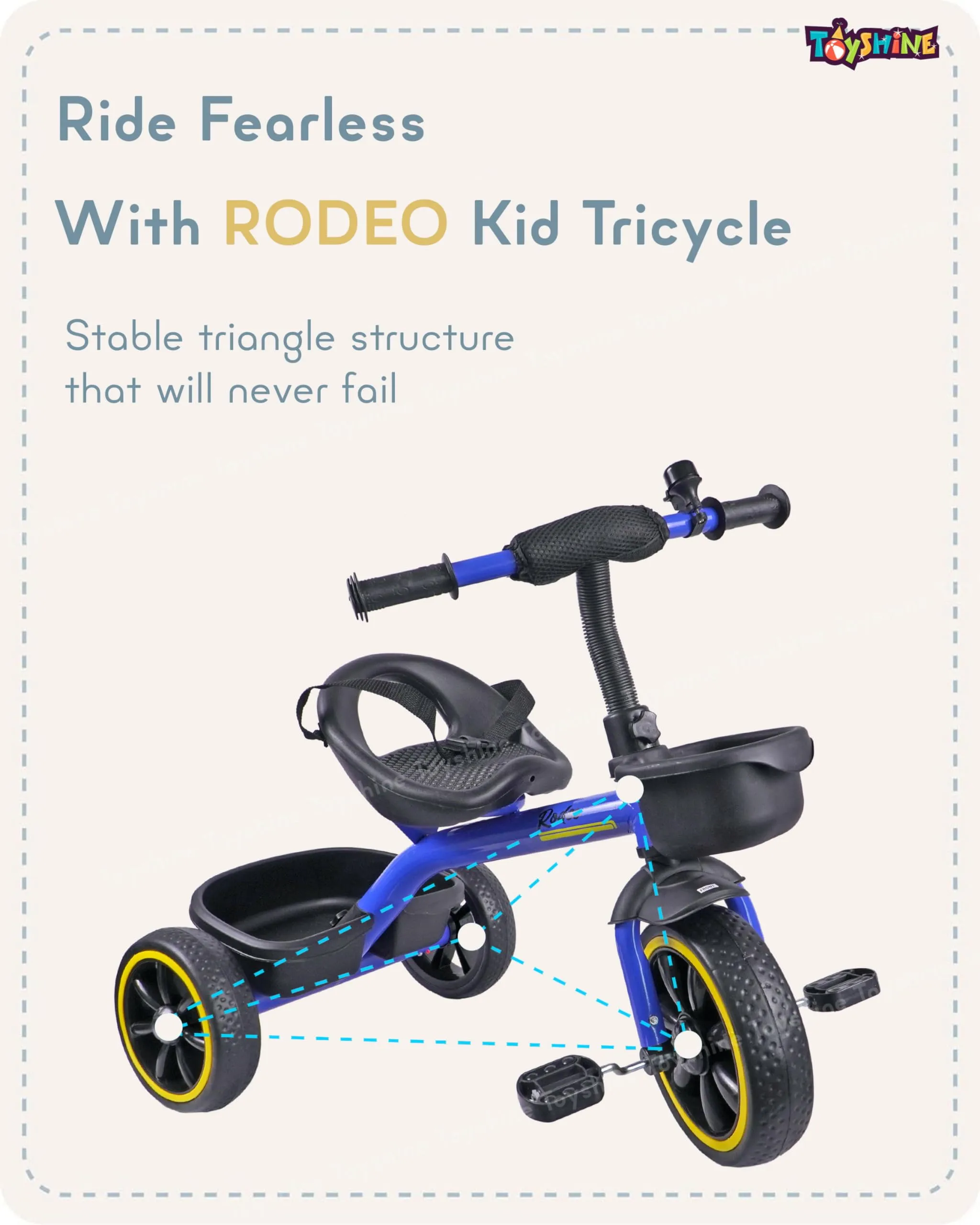 Toyshine Tricycle Ride-on Bicycle with EVA Wheels Metal Body Storage Basket and Seat Belt for 3-6 Years Carrying Capacity Upto 30 Kgs - Blue