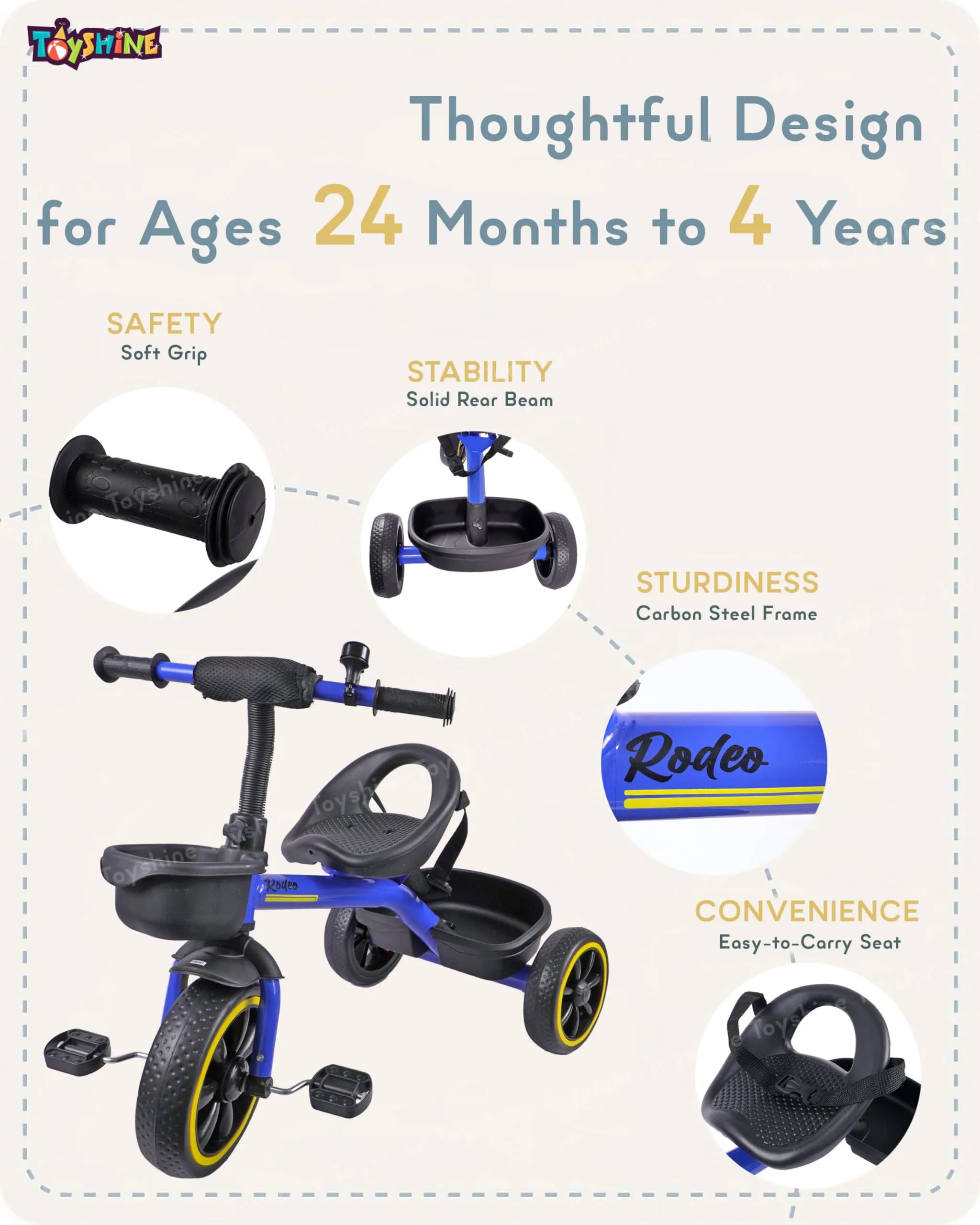 Toyshine Tricycle Ride-on Bicycle with EVA Wheels Metal Body Storage Basket and Seat Belt for 3-6 Years Carrying Capacity Upto 30 Kgs - Blue