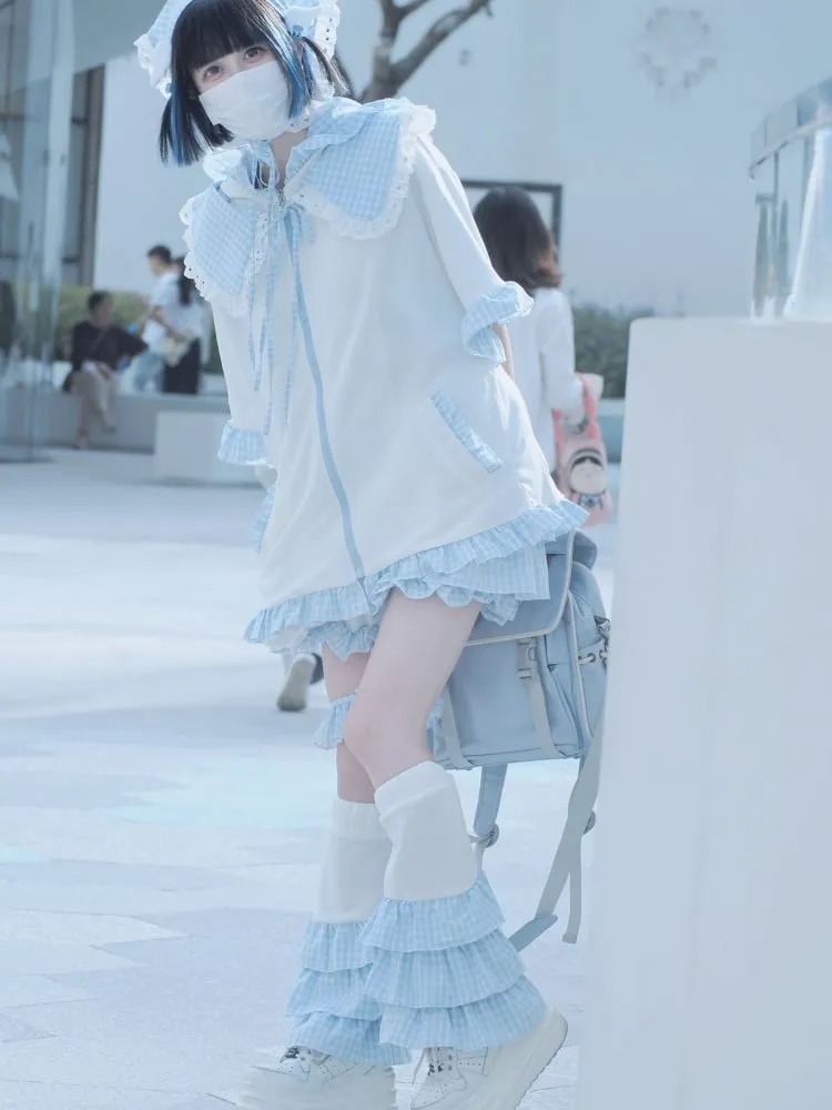 White Blue Bunny Ear Design Hooded Jacket and Free Collar